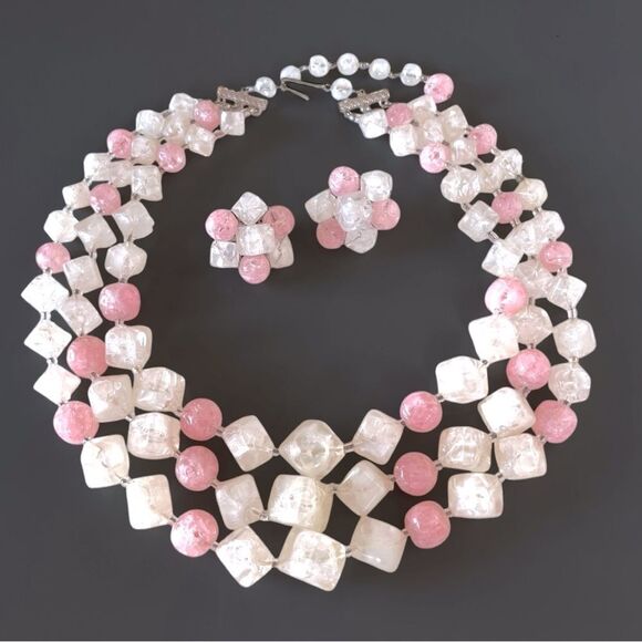 Vintage Made in Austria Pink Triple Strand Necklace Set - Picture 1 of 6